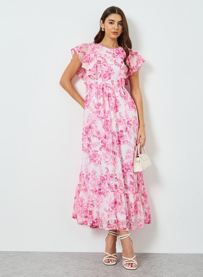 ستايلي فستان طويل نسائي بنقشة زهور وأكمام بكشكشة - Image 5